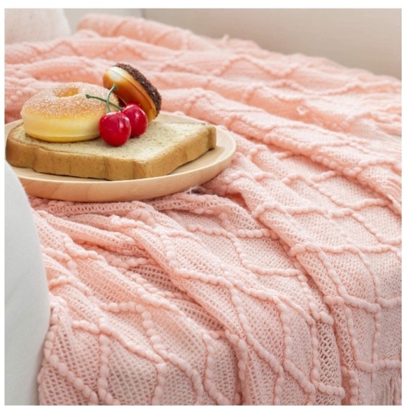 Light Pink Modern Farmhouse Boho Tassel Knit Throw Cozy Fringe Patterned Blanket - Picture 3 of 16